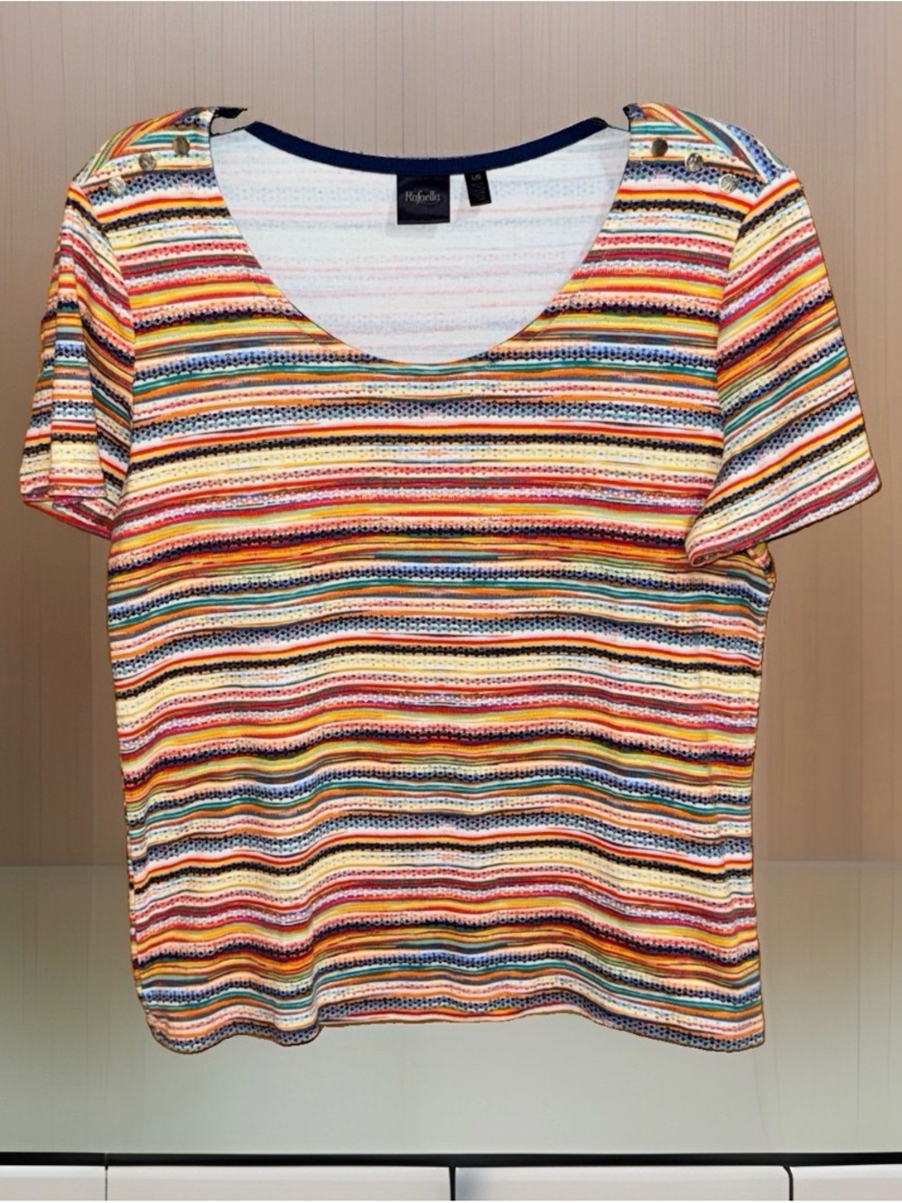 Rafaella Multicolor Striped Knit Tee - Split Short Sleeve-L-EC